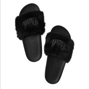 Victoria Secret PINK Black Faux Fur Slides